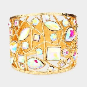 Abalone Wide Crystal Metal Multi Stone Hinged Style Chunky Cuff Bracelet Gold